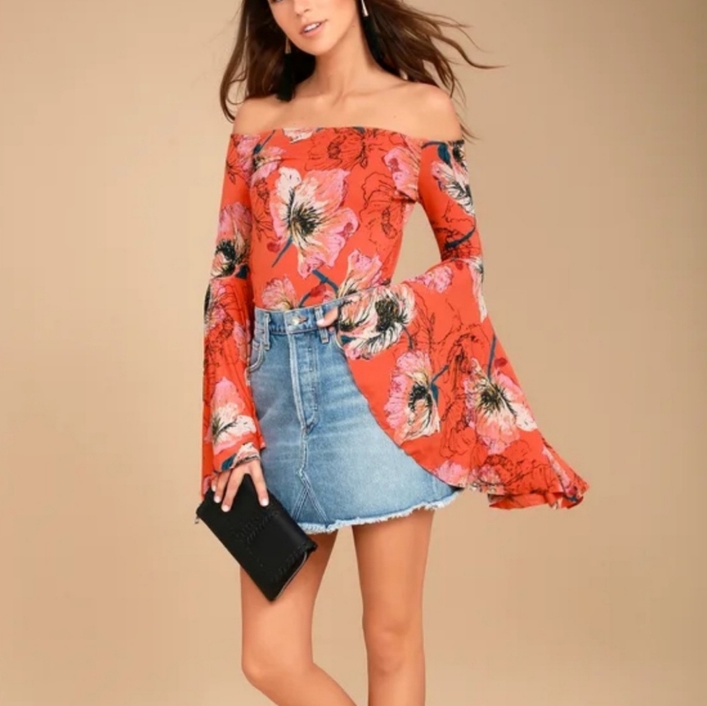 Free People Birds of Paradise Floral Print Top Boho Bell Sleeve festival Cowgirl